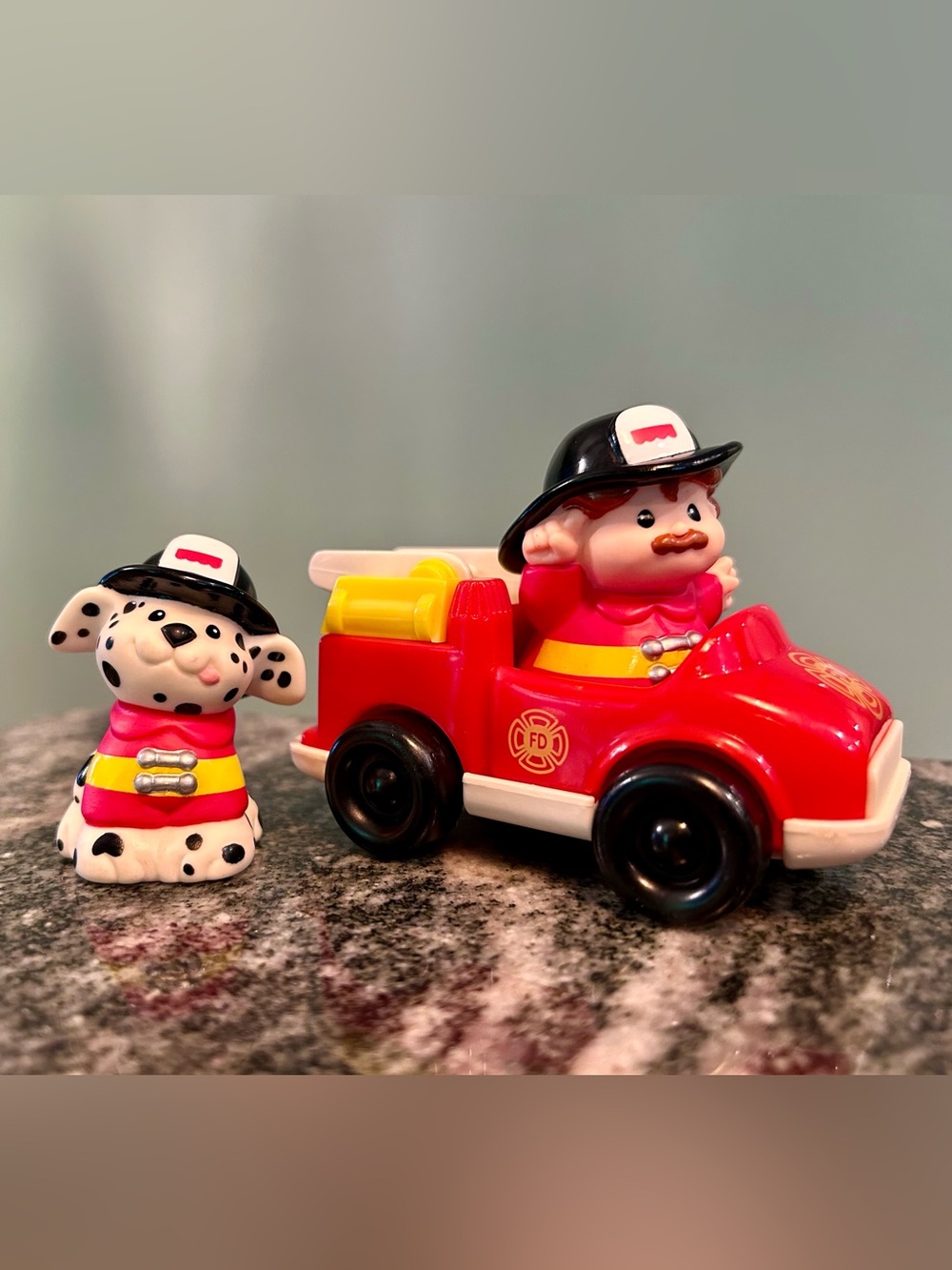 Vintage Little People - Firefighter Red and Yellow Fire Truck with Dalmatian Set